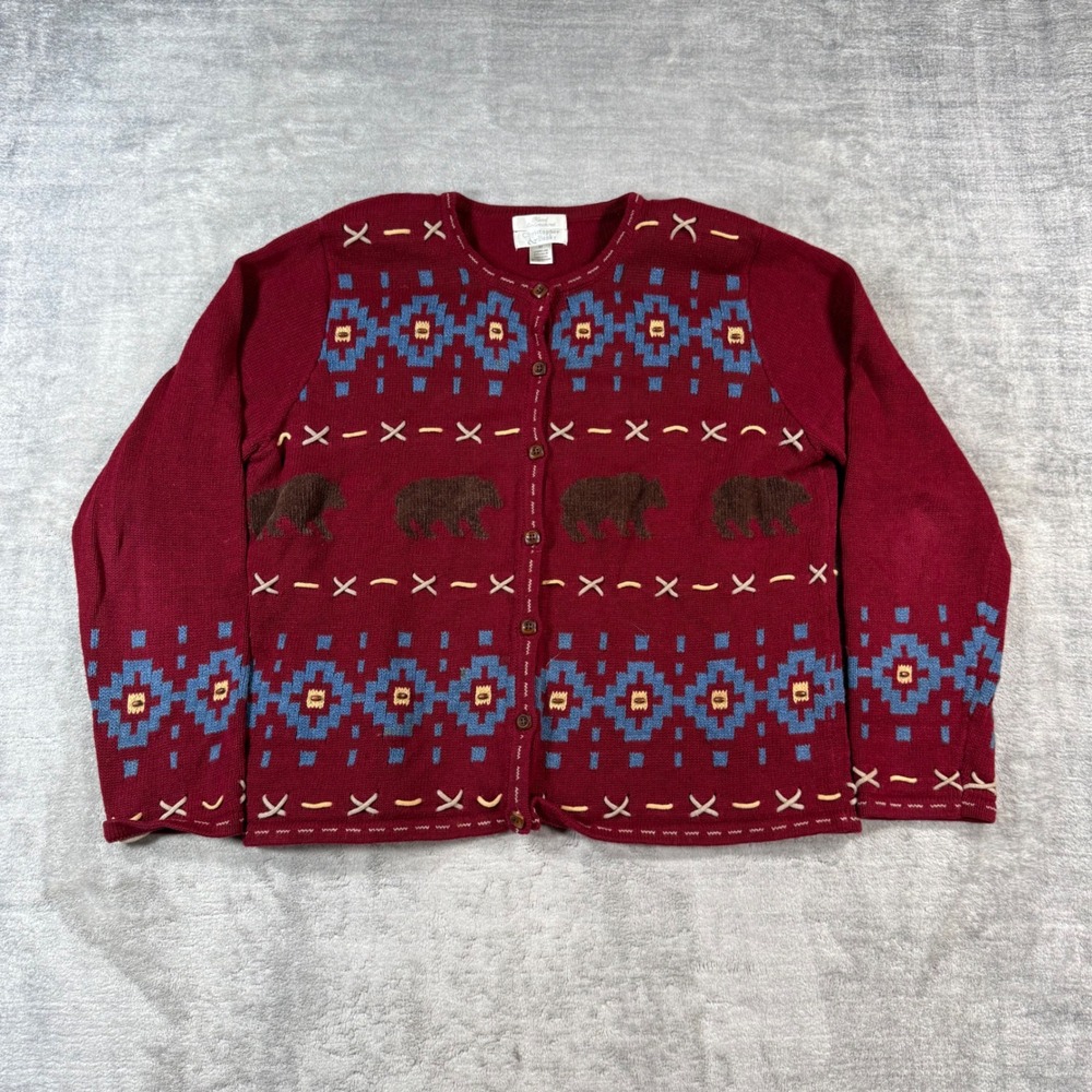 Christopher Banks Sweater Women Medium Burgundy Bear Southwestern Embroidered